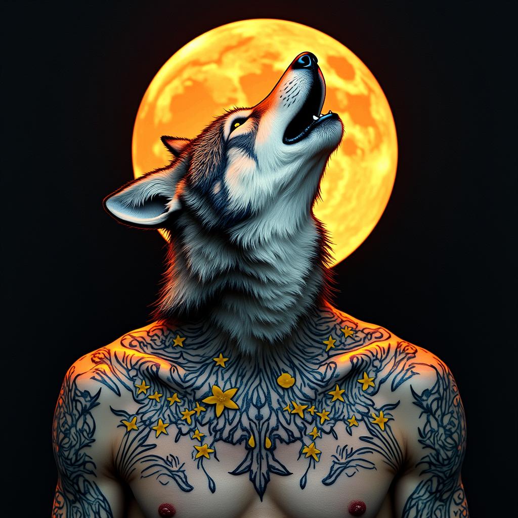 Howling wolf under the full moonin pop art style tattoo, featuring bold and vibrant colors, exaggerated outlines, iconic imagery, inspired by comic books and speech bubbles, comic book characters, retro pop culture - Variation 2