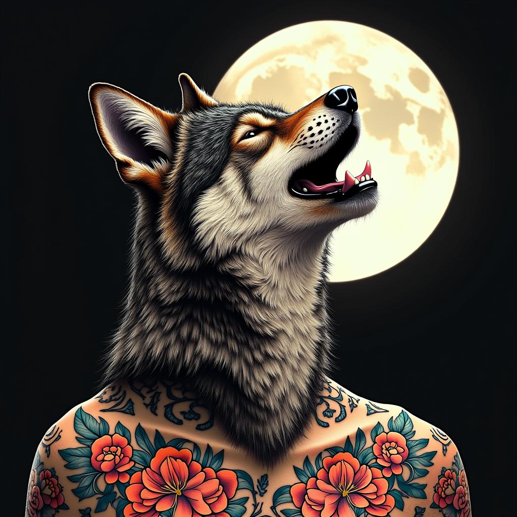 Howling wolf under the full moonin pop art style tattoo, featuring bold and vibrant colors, exaggerated outlines, iconic imagery, inspired by comic books and speech bubbles, comic book characters, retro pop culture