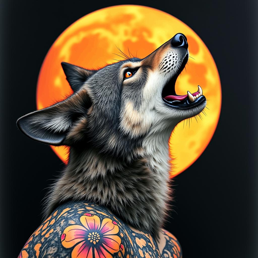 Howling wolf under the full moonin pop art style tattoo, featuring bold and vibrant colors, exaggerated outlines, iconic imagery, inspired by comic books and speech bubbles, comic book characters, retro pop culture - Variation 3