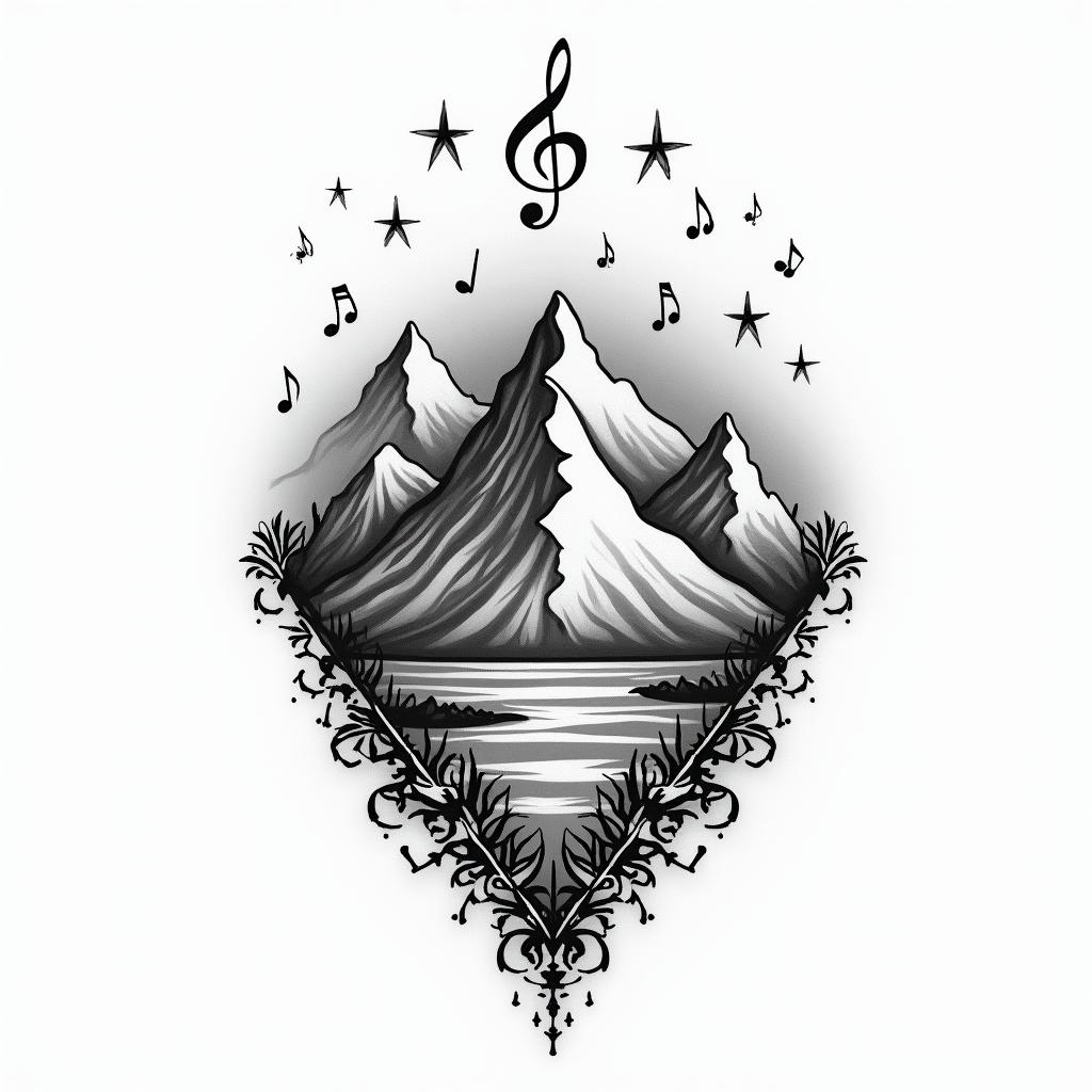A stylized tattoo design that incorporates majestic mountains, symbols representing music, such as musical notes, and the quote "Where there is hatred, let me bring love," reflecting Marcilene's connection to nature and her love for music. A harmonious composition that unites these elements into a single meaningful image.higly detailed tattoo