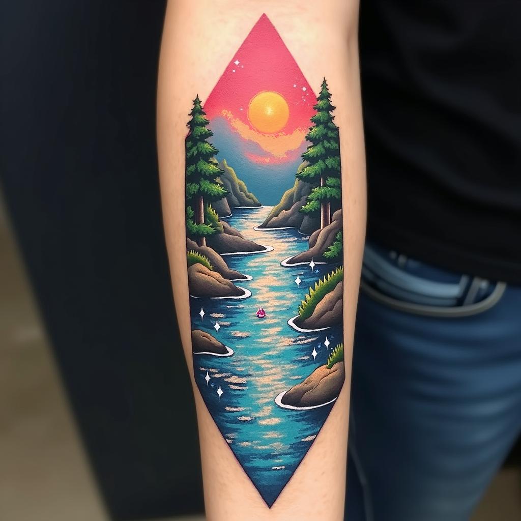 A vibrant tattoo design of a flowing river down the forearm, with sparkling colored diamonds at the bottom, and the word 'RIVER' elegantly integrated at the river's base.undefined