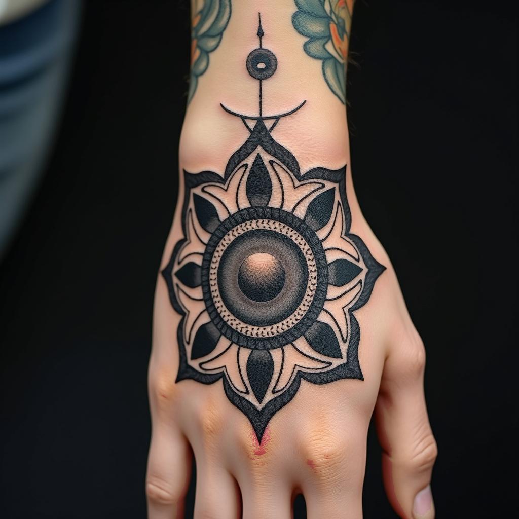 Samahyel Scorpio Puerto Vallartain spiritual symbols tattoo style, featuring an intricate design incorporating elements, Hamsa hand, third eye, minimalist composition