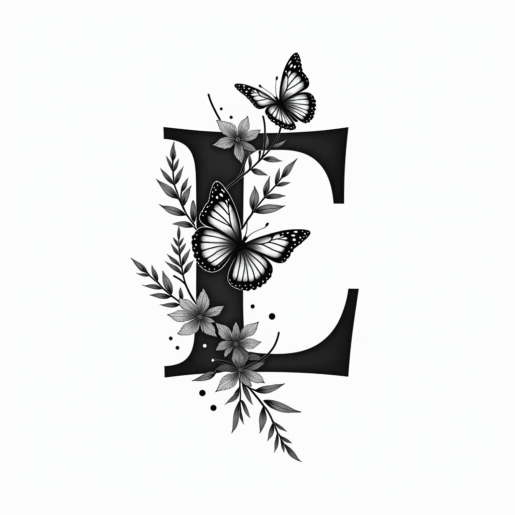 E, flowers and butterfliesminimalist text-based tattoo, Monospace font ultra-realistic, perfectly placed, high-quality font design, photo-realistic shading, 8k, high quality, finely detailed typograph - Variation 4