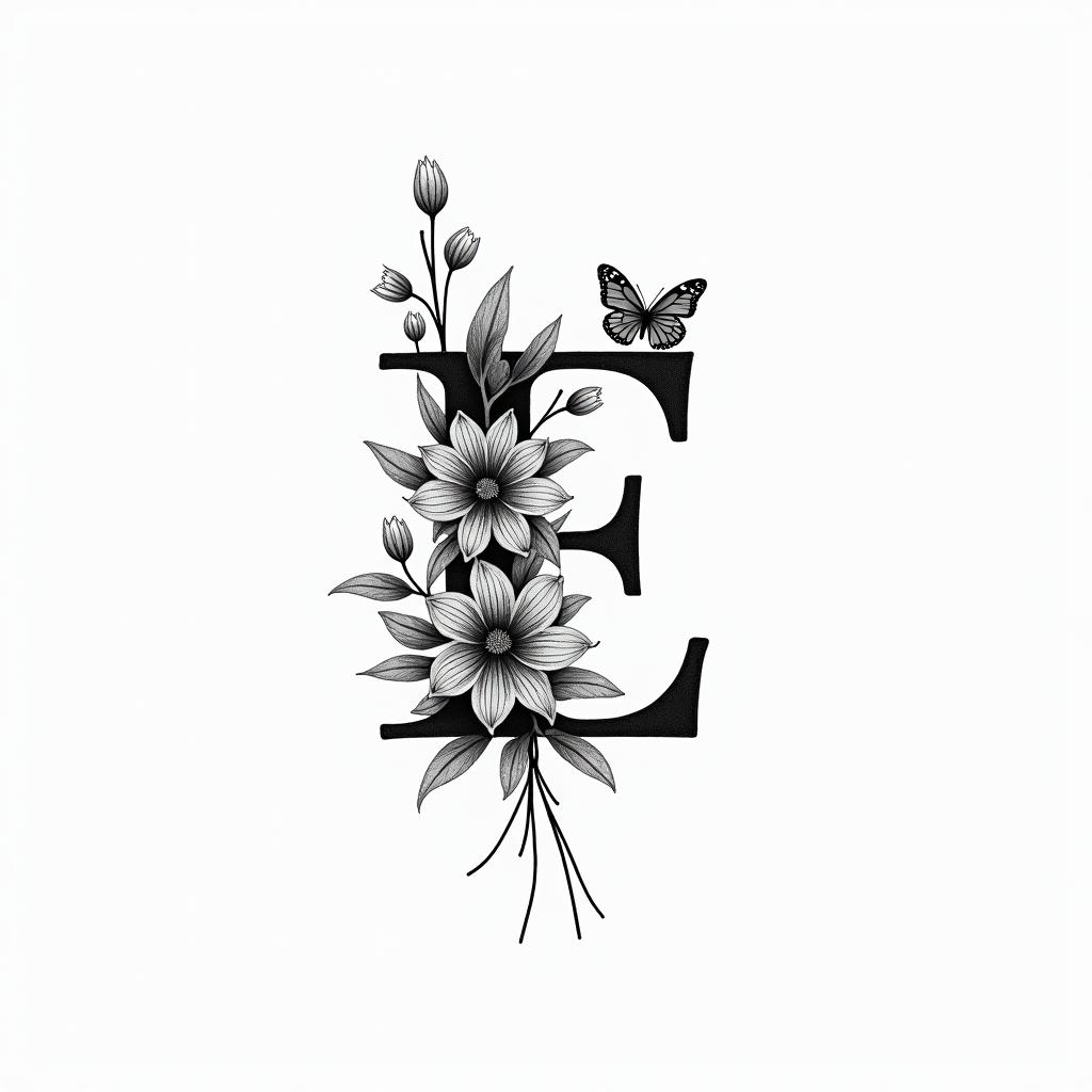 E, flowers and butterfliesminimalist text-based tattoo, Monospace font ultra-realistic, perfectly placed, high-quality font design, photo-realistic shading, 8k, high quality, finely detailed typograph - Variation 2