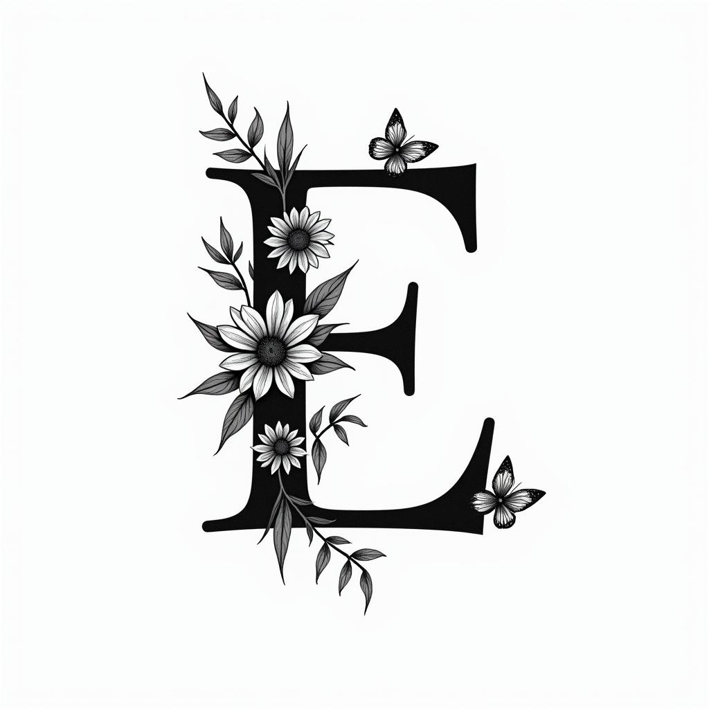 E, flowers and butterfliesminimalist text-based tattoo, Monospace font ultra-realistic, perfectly placed, high-quality font design, photo-realistic shading, 8k, high quality, finely detailed typograph - Variation 3