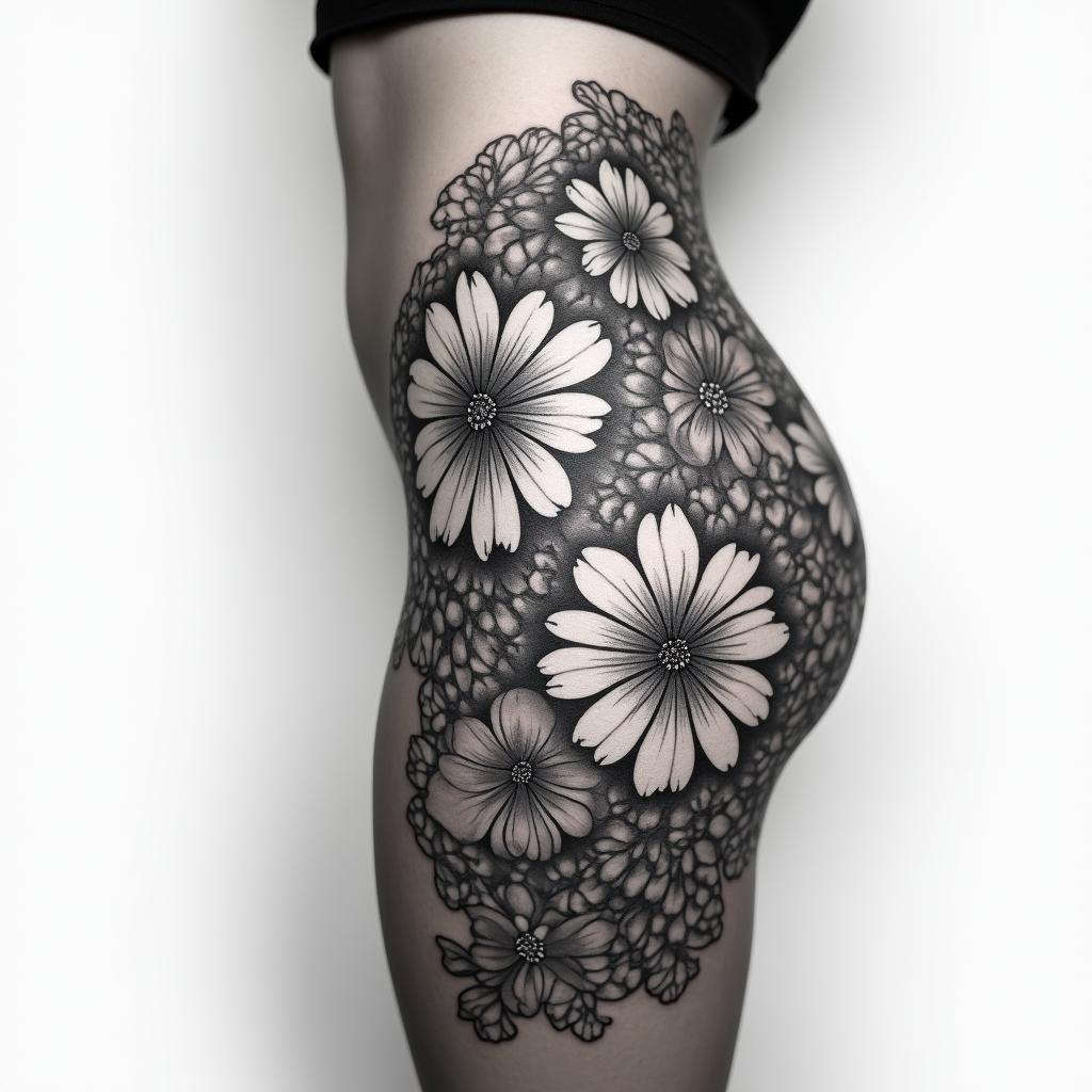 Side thigh tattoo not covering the whole hip. Floral with Maria Padilha.higly detailed tattoo - Variation 3