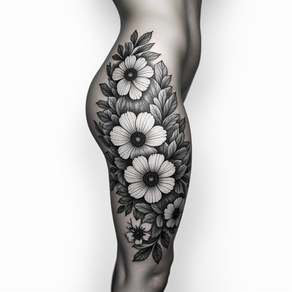 Side thigh tattoo not covering the whole hip. Floral with Maria Padilha.higly detailed tattoo - Variation 4