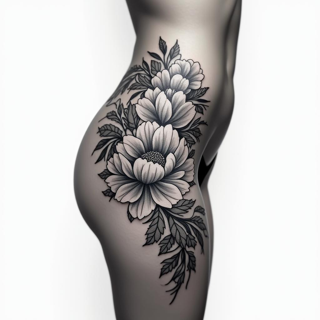 Side thigh tattoo not covering the whole hip. Floral with Maria Padilha.higly detailed tattoo - Variation 2