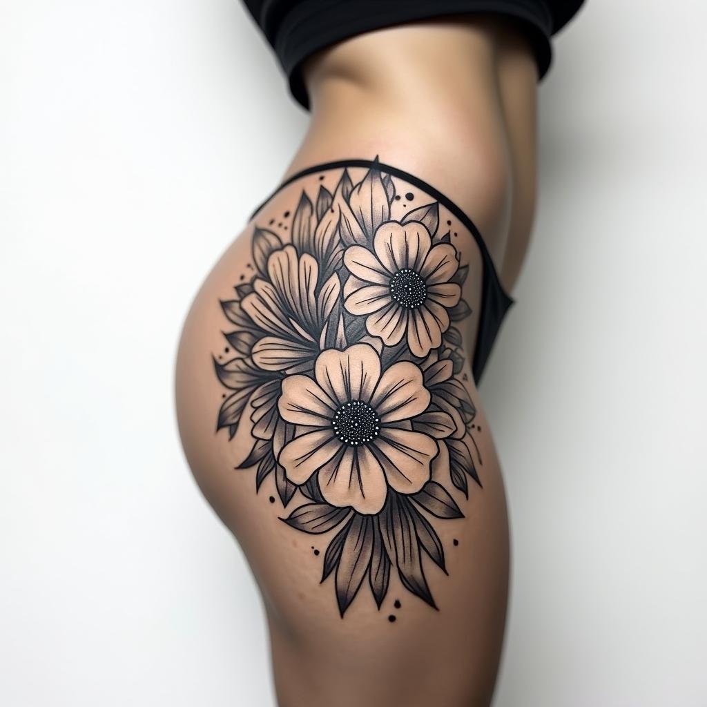 Side thigh tattoo not covering the whole hip. Floral with Maria Padilha.higly detailed tattoo