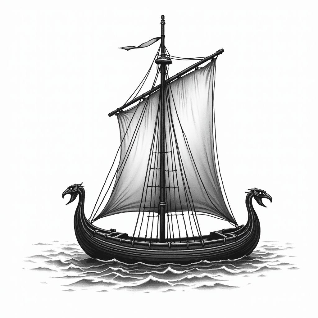 Viking longboat with Yggdrasil on the main sail 
in new school tattoo, pop culture, modern, detailed tattoo, illustrative