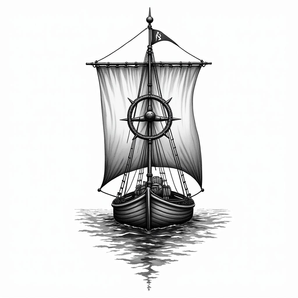 Viking longboat with Yggdrasil on the main sail 
in new school tattoo, pop culture, modern, detailed tattoo, illustrative - Variation 2