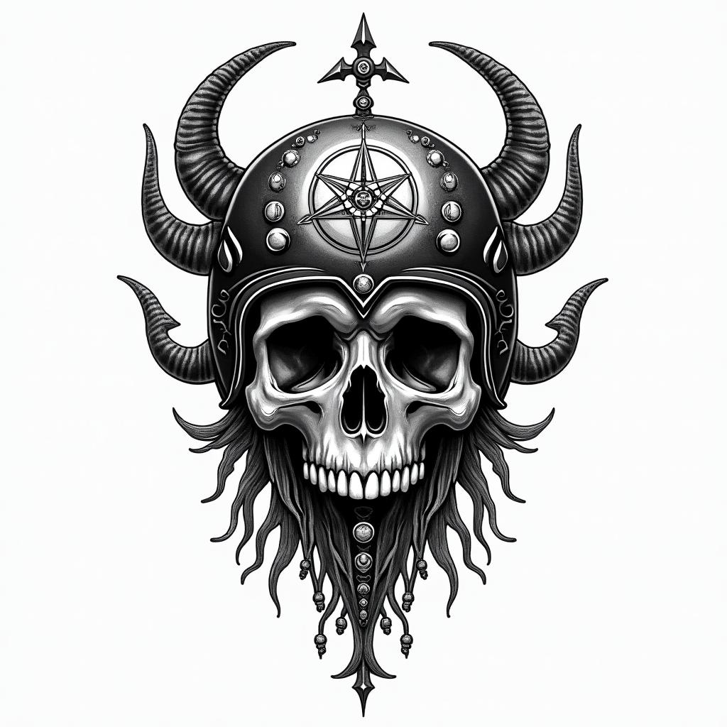 Skull wearing a motorcycle helmetin paganic style tattoo, featuring ancient symbols, add vegvisir symbol, mystical figures, incorporating designs, pentagrams, runes, crescent moons, - Variation 3