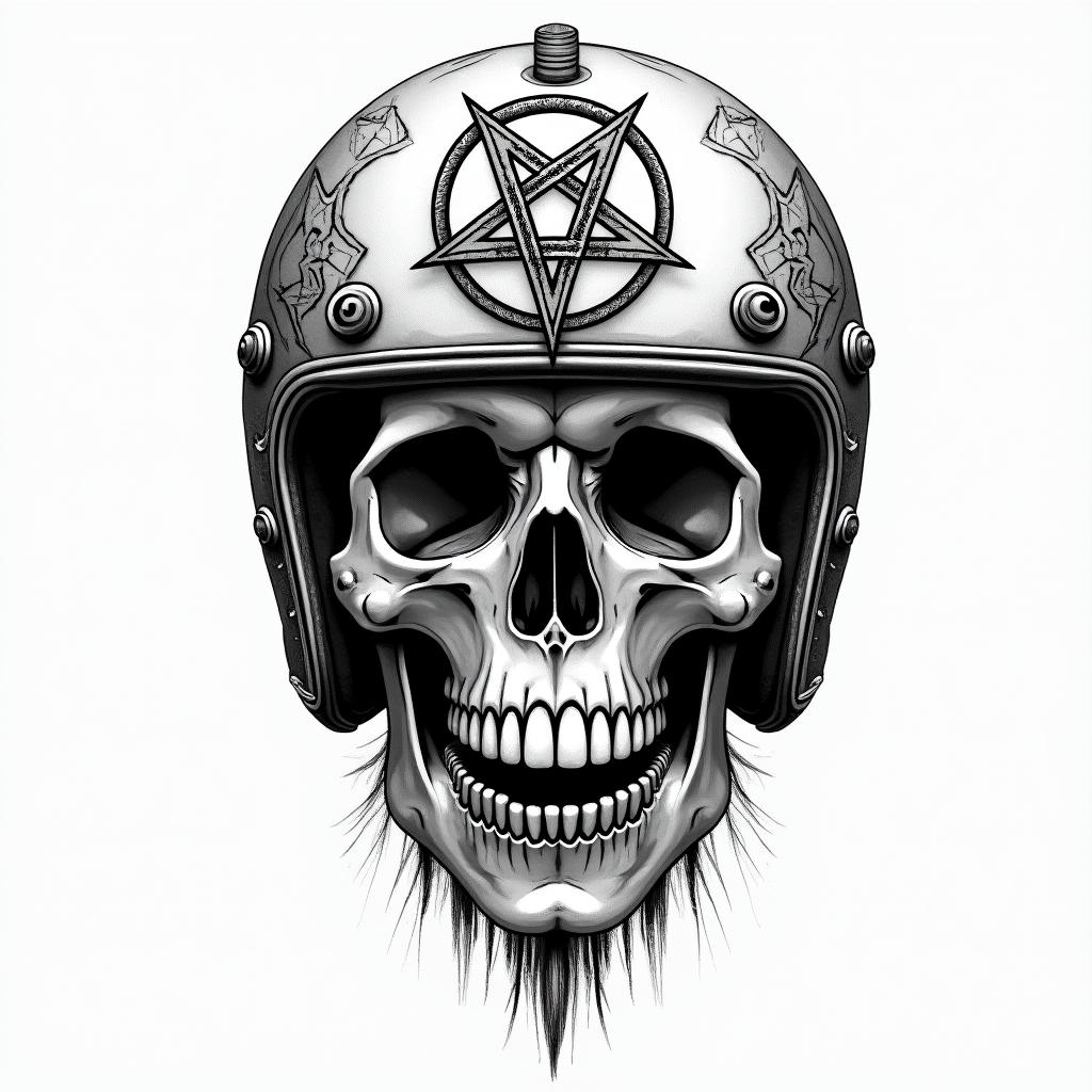 Skull wearing a motorcycle helmetin paganic style tattoo, featuring ancient symbols, add vegvisir symbol, mystical figures, incorporating designs, pentagrams, runes, crescent moons, - Variation 4