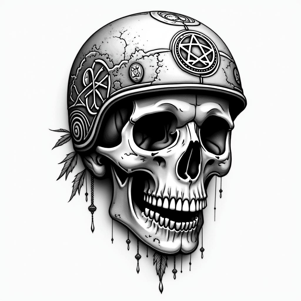 Skull wearing a motorcycle helmetin paganic style tattoo, featuring ancient symbols, add vegvisir symbol, mystical figures, incorporating designs, pentagrams, runes, crescent moons, - Variation 2