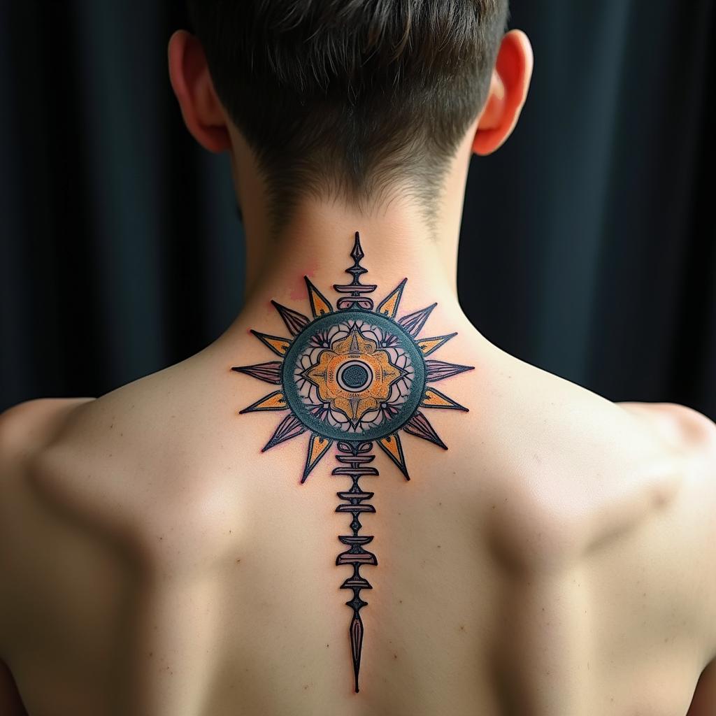 Jeff Stockton Sagittariusin spiritual symbols tattoo style, featuring an intricate design incorporating elements, Hamsa hand, third eye, minimalist composition