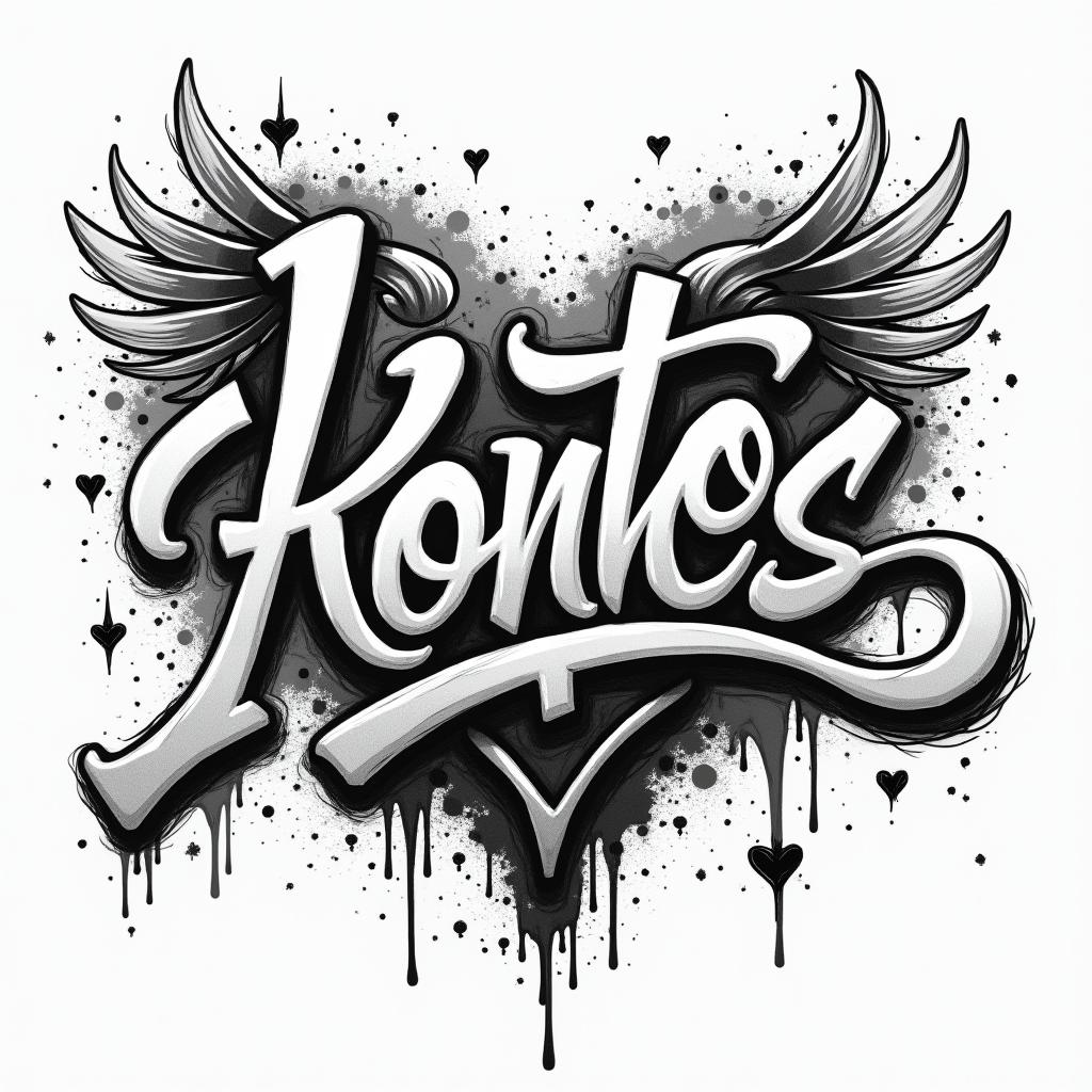 Demitrius Leonardin graffiti style tattoo, featuring bold and dynamic street art elements, spray-paint texture with exaggerated lines and expressive, chaotic brushstrokes, intricate lettering incorporated with graffiti tags, symbols like hearts, stars, and wings - Variation 4