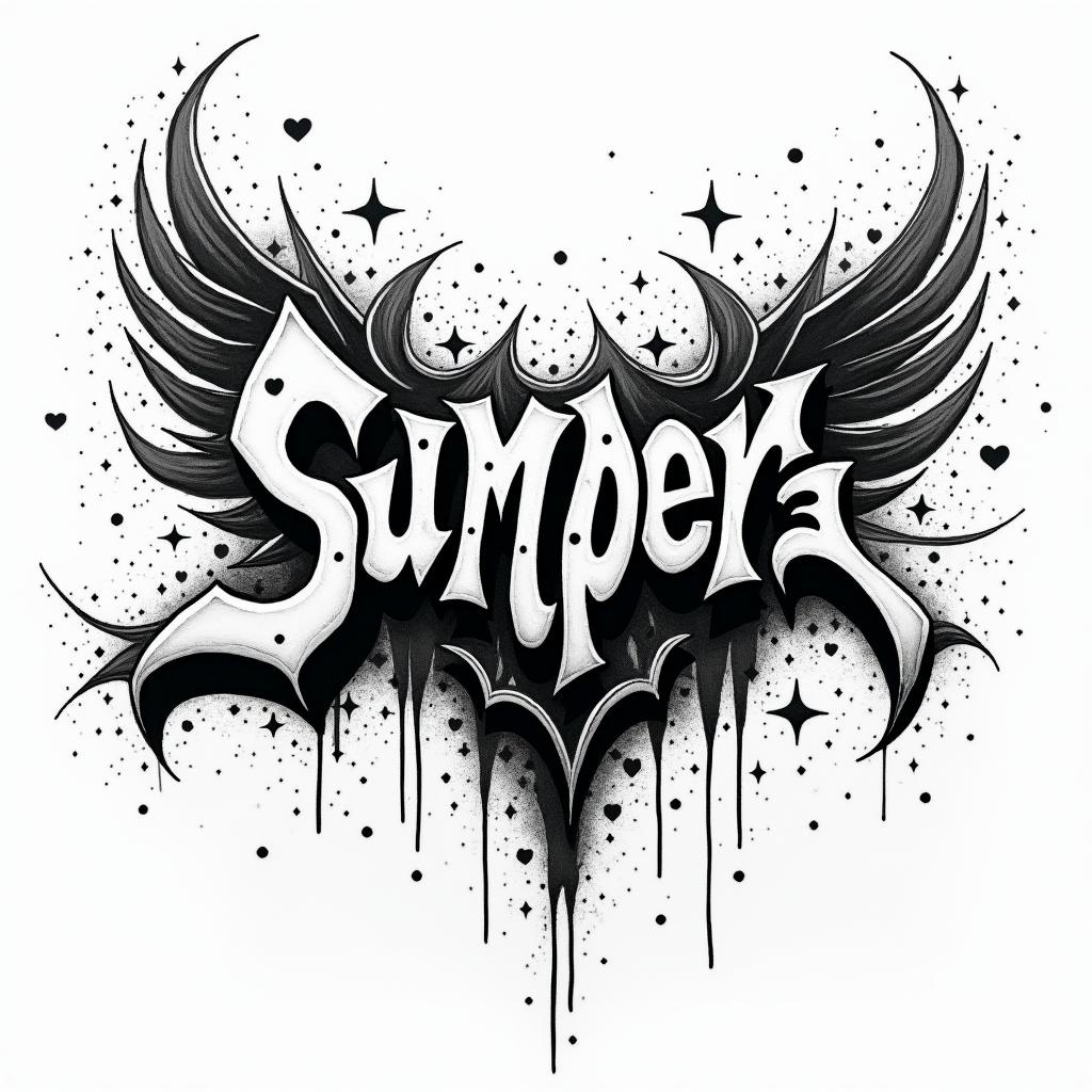 Demitrius Leonardin graffiti style tattoo, featuring bold and dynamic street art elements, spray-paint texture with exaggerated lines and expressive, chaotic brushstrokes, intricate lettering incorporated with graffiti tags, symbols like hearts, stars, and wings