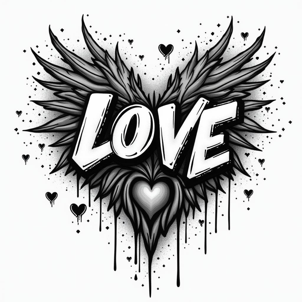 Demitrius Leonardin graffiti style tattoo, featuring bold and dynamic street art elements, spray-paint texture with exaggerated lines and expressive, chaotic brushstrokes, intricate lettering incorporated with graffiti tags, symbols like hearts, stars, and wings - Variation 2