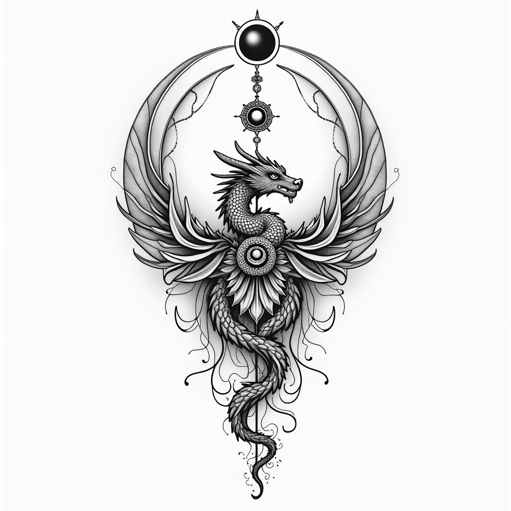 Flowing water, enlightened soul, moon,dragon, 88, cosmic vibration, strength, love, time, infinite, watching, chakrain spiritual symbols tattoo style, featuring an intricate design incorporating elements, Hamsa hand, third eye, minimalist composition - Variation 5