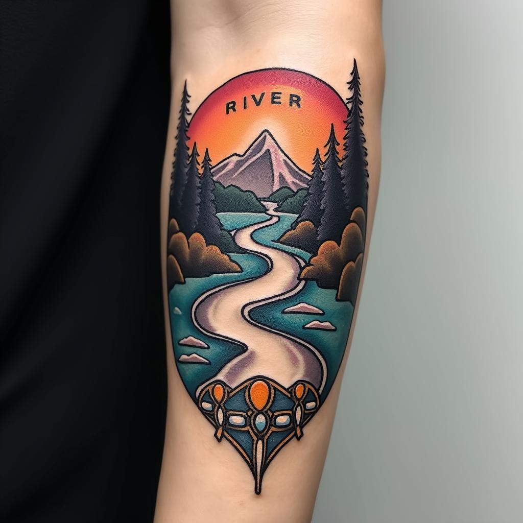 A vibrant forearm tattoo with a Nordic design, illustrating a winding river, complemented by gems at the bottom, with the name 'RIVER' creatively incorporated in a runic style.undefined