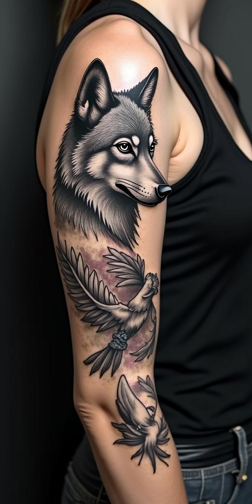 arm cover up, mix of wolf and phoenixin authentic tattoo style, incorporating traditional modifications, bold black outlines, solid color fills, featuring classic authentic elements - Variation 3