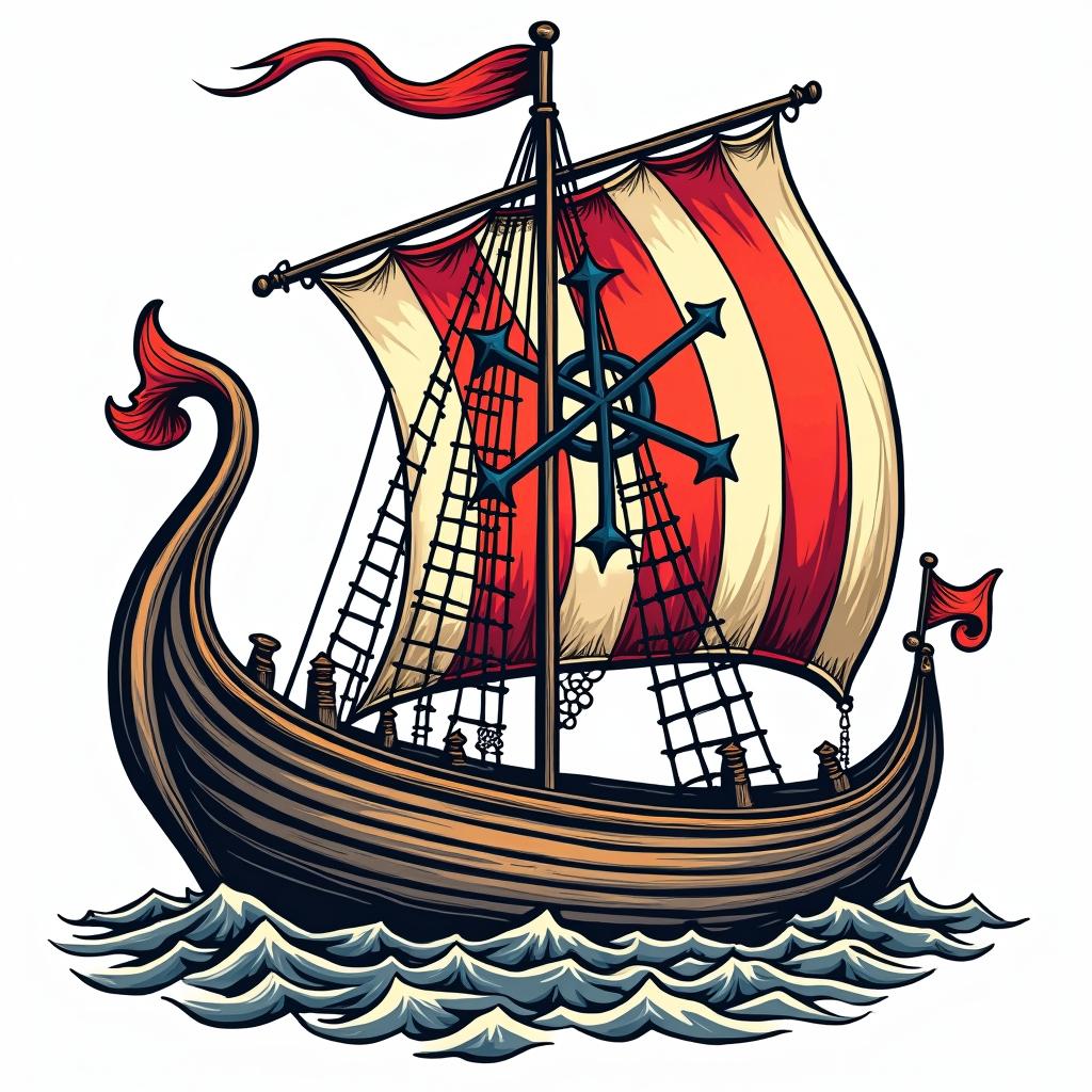 Traditional style Viking longboat with Yggdrasil on the main sail 
in pop art style tattoo, featuring bold and vibrant colors, exaggerated outlines, iconic imagery, inspired by comic books and speech bubbles, comic book characters, retro pop culture - Variation 12