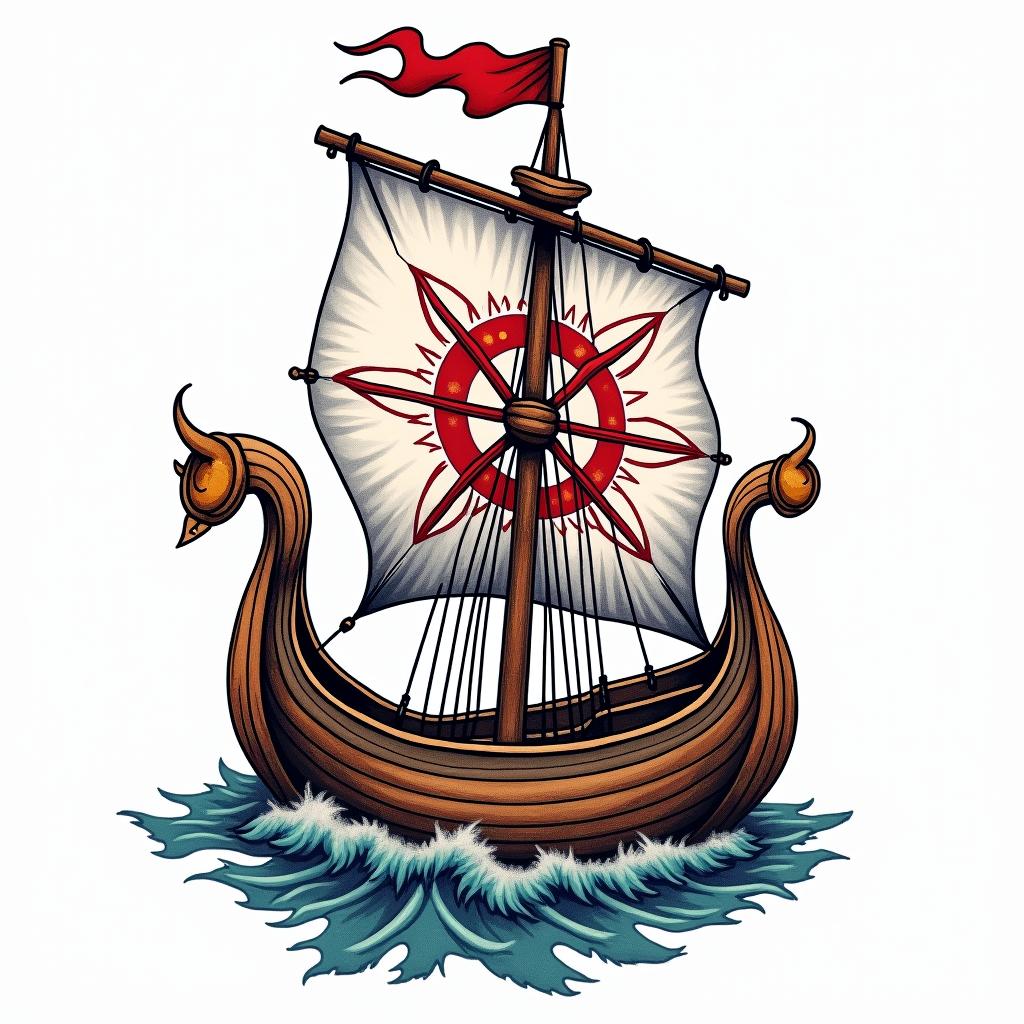 Traditional style Viking longboat with Yggdrasil on the main sail 
in pop art style tattoo, featuring bold and vibrant colors, exaggerated outlines, iconic imagery, inspired by comic books and speech bubbles, comic book characters, retro pop culture - Variation 11