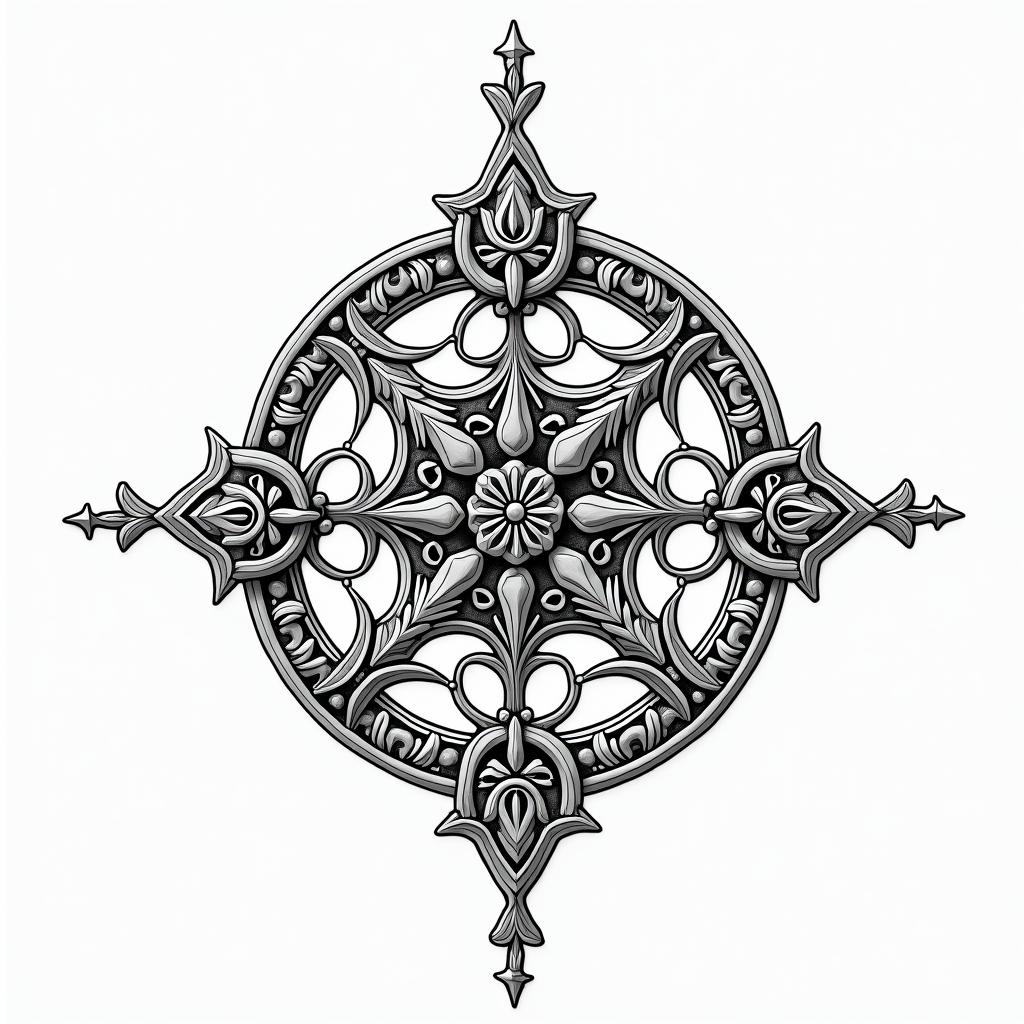 Celtic, renaissance, silver talisman, dragonin ornamental tattoo style, featuring intricate symmetrical patterns and floral designs, showcasing highly detailed line work and geometric shapes, creating a sense of elegance and balance