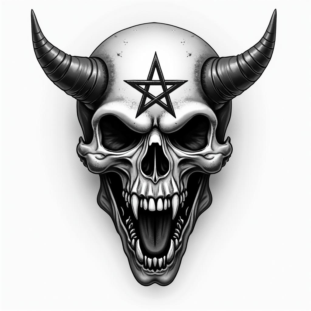 Military Dog tags picturecreepy horror tattoo style, featuring an eerie and unsettling skull of a demonic creature, distorted face with sharp fangs, add pentagram symbol