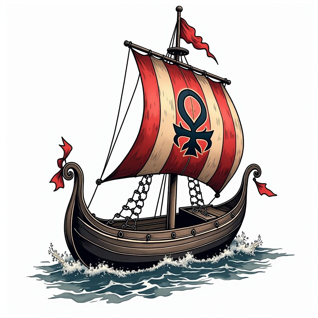 Traditional style Viking longboat with Yggdrasil on the main sail 
in pop art style tattoo, featuring bold and vibrant colors, exaggerated outlines, iconic imagery, inspired by comic books and speech bubbles, comic book characters, retro pop culture - Variation 7
