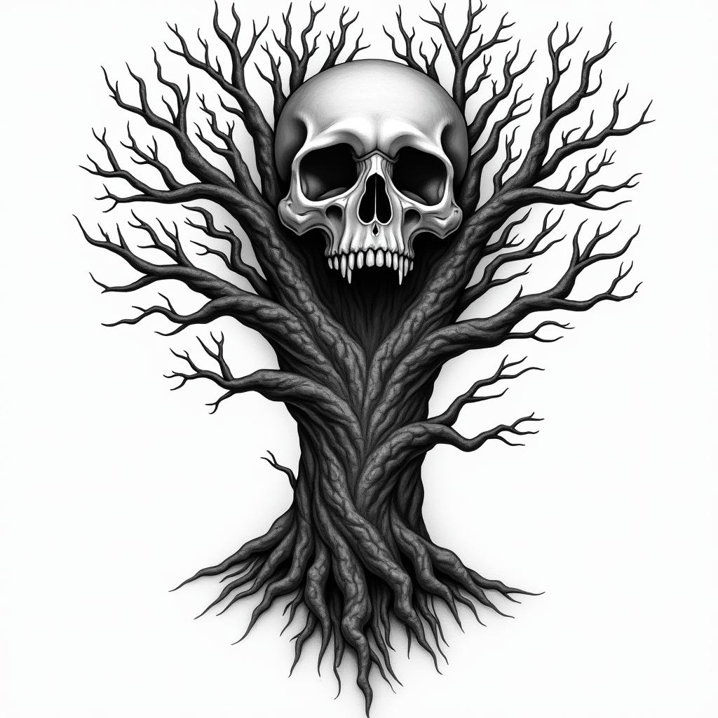 Piano fused with tree in horror tattoo style, showcasing haunting and unsettling, dark and gritty textures with skulls, eerie faces, jgged designs, bold and intense shading - Variation 3