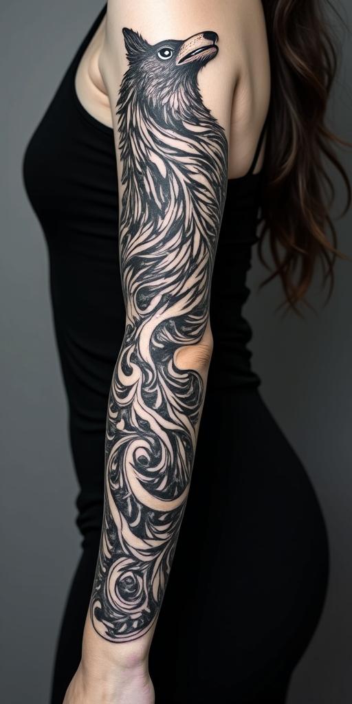 arm cover up, mix of wolf and phoenixin tribal tattoo style, featuring bold and black geometric shapes, curved lines, intertwine and flow seamlessly, creating a powerful and symbolic design, polynesian and maori styles - Variation 4