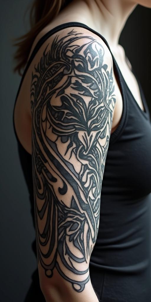 arm cover up, mix of wolf and phoenixin tribal tattoo style, featuring bold and black geometric shapes, curved lines, intertwine and flow seamlessly, creating a powerful and symbolic design, polynesian and maori styles - Variation 3