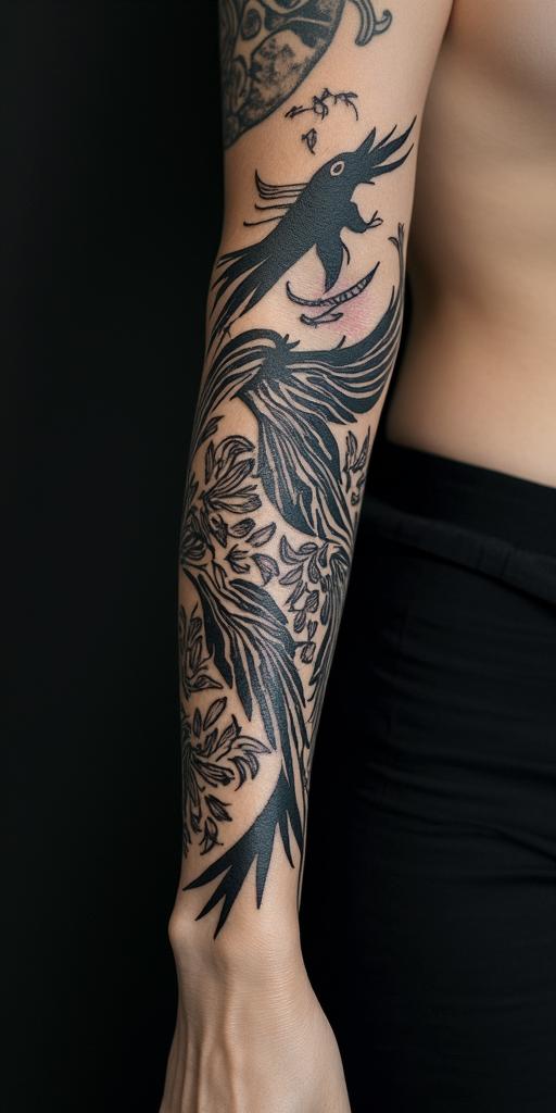 arm cover up, mix of wolf and phoenixin tribal tattoo style, featuring bold and black geometric shapes, curved lines, intertwine and flow seamlessly, creating a powerful and symbolic design, polynesian and maori styles