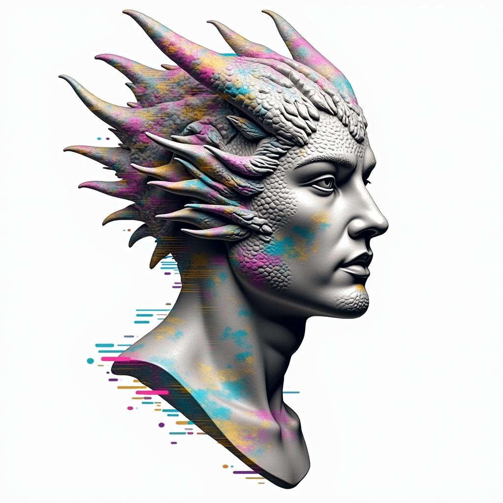 Fantasy dragonin distorted and fragmented tattoo design, featuring a classical statue bust, in a glitch art style with vibrant, overlapping colors of cyan, magenta, and yellow, creating a digital distortion effect