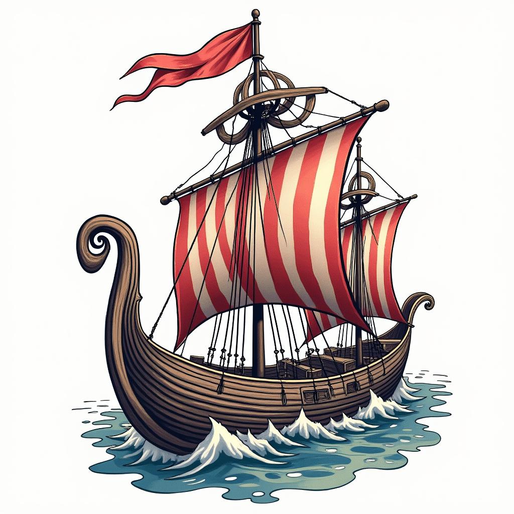 Traditional style Viking longboat with Yggdrasil on the main sail 
in pop art style tattoo, featuring bold and vibrant colors, exaggerated outlines, iconic imagery, inspired by comic books and speech bubbles, comic book characters, retro pop culture - Variation 4