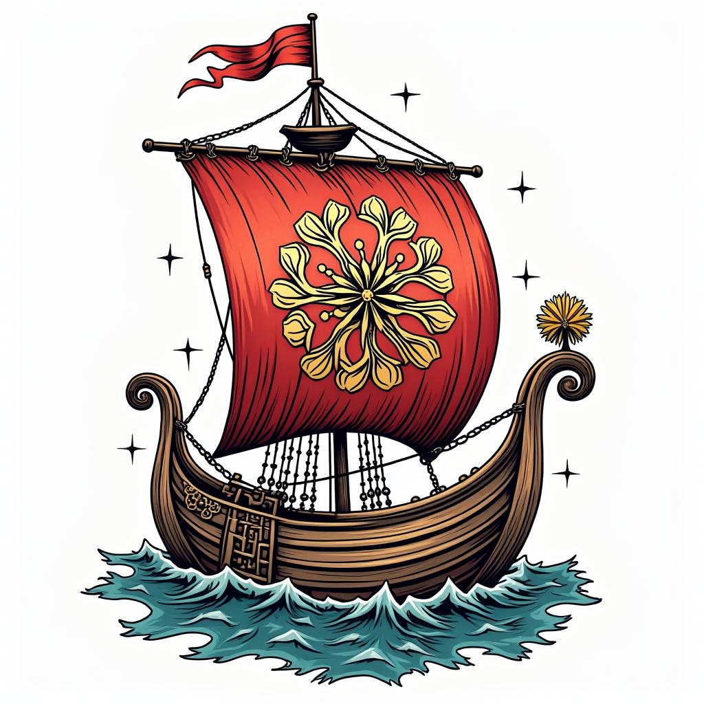 Traditional style Viking longboat with Yggdrasil on the main sail 
in pop art style tattoo, featuring bold and vibrant colors, exaggerated outlines, iconic imagery, inspired by comic books and speech bubbles, comic book characters, retro pop culture - Variation 3