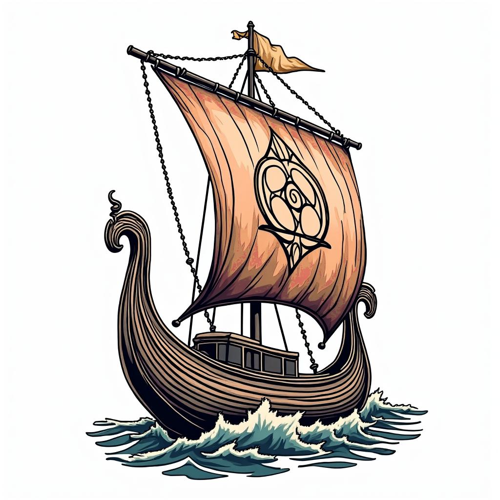 Traditional style Viking longboat with Yggdrasil on the main sail 
in pop art style tattoo, featuring bold and vibrant colors, exaggerated outlines, iconic imagery, inspired by comic books and speech bubbles, comic book characters, retro pop culture