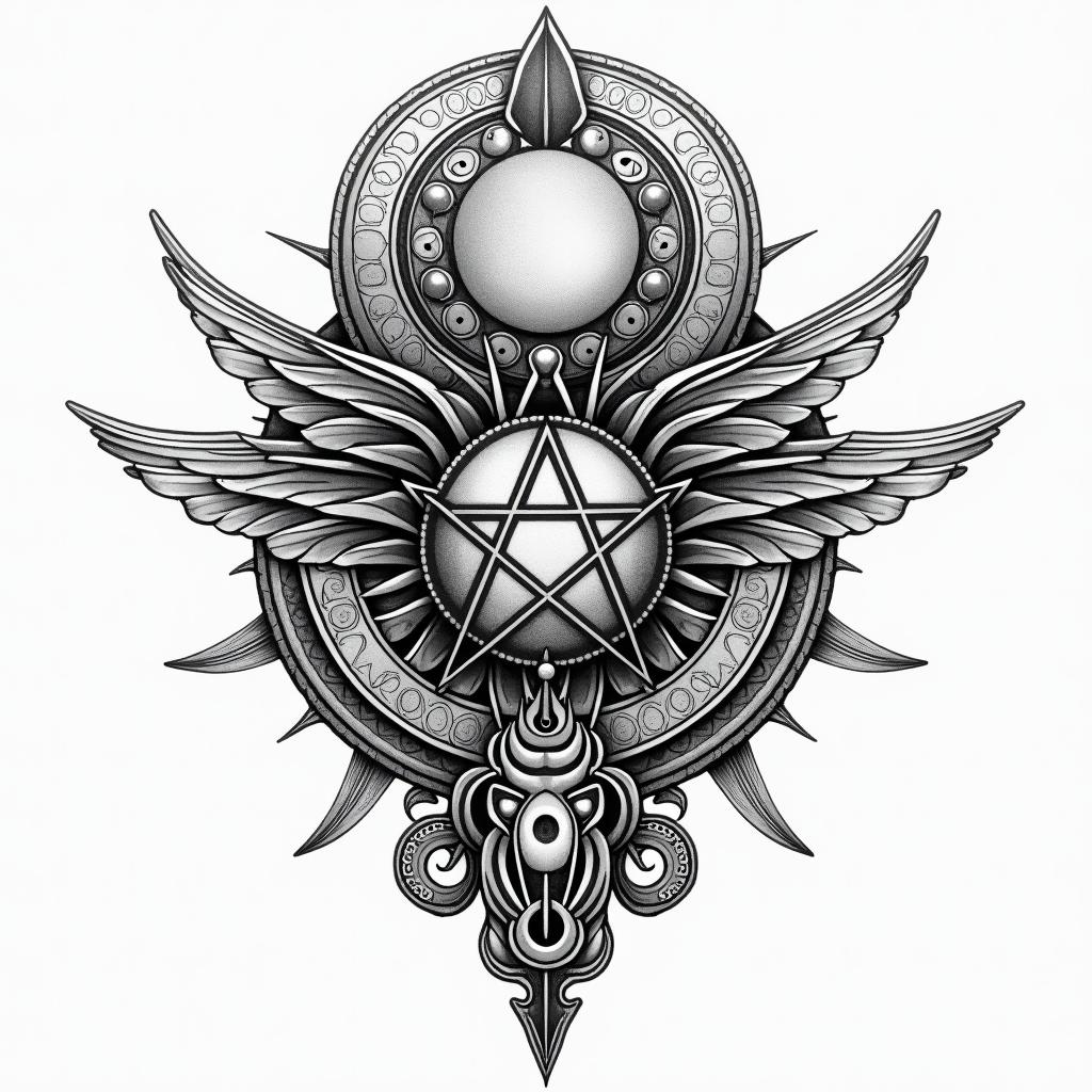 Survivor 2022in paganic style tattoo, featuring ancient symbols, add vegvisir symbol, mystical figures, incorporating designs, pentagrams, runes, crescent moons,