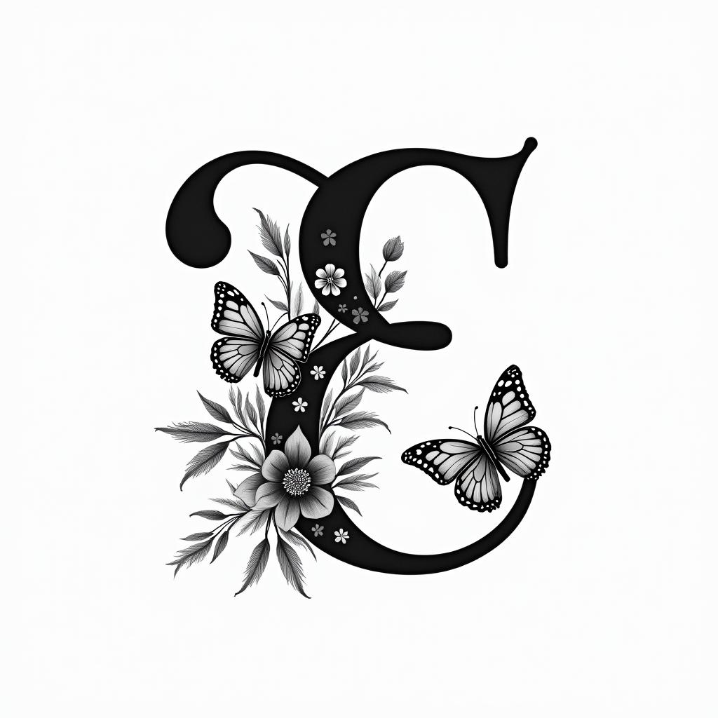 Cursive E, flowers and butterfliesminimalist text-based tattoo, Monospace font ultra-realistic, perfectly placed, high-quality font design, photo-realistic shading, 8k, high quality, finely detailed typograph - Variation 7