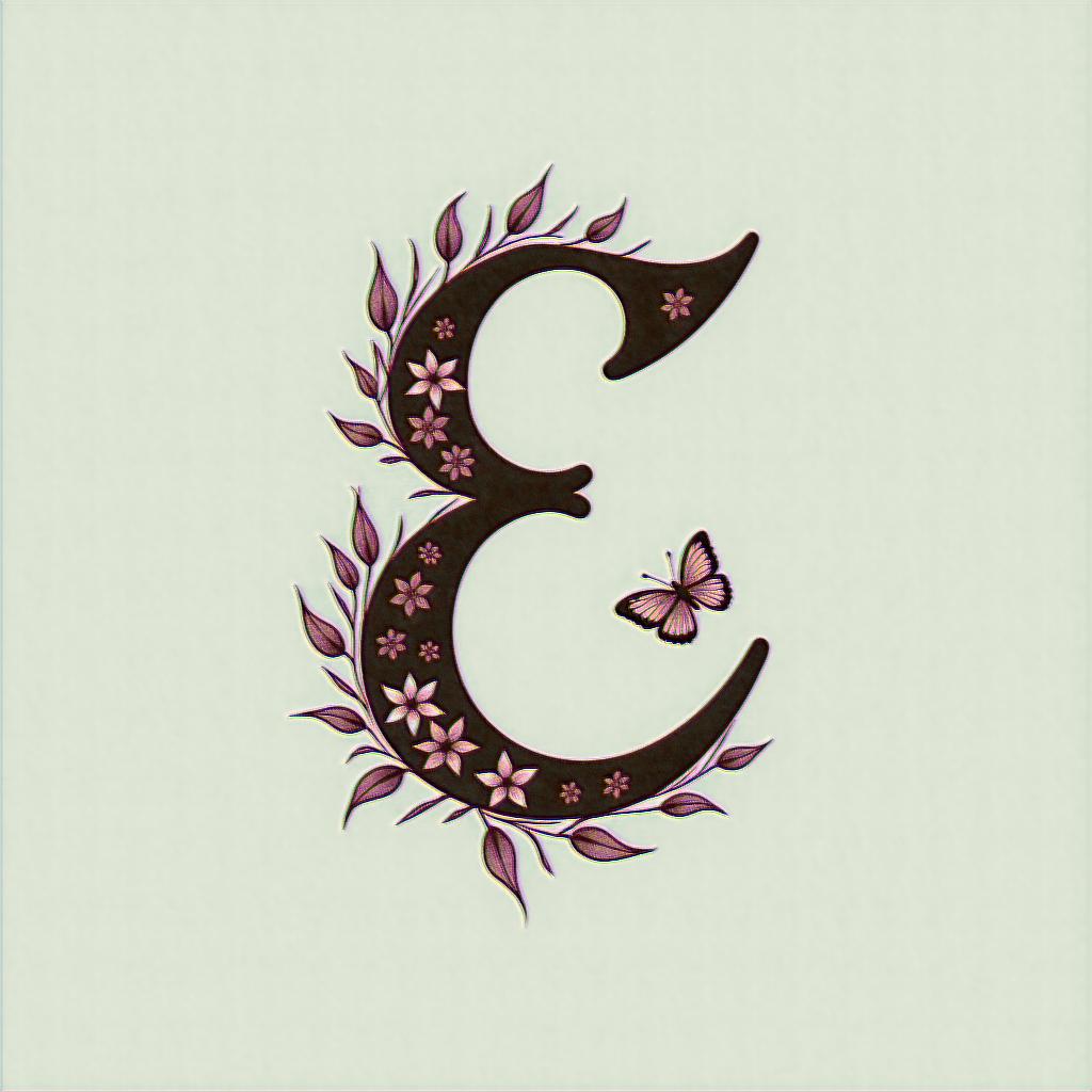 Cursive E, flowers and butterfliesminimalist text-based tattoo, Monospace font ultra-realistic, perfectly placed, high-quality font design, photo-realistic shading, 8k, high quality, finely detailed typograph - Variation 6