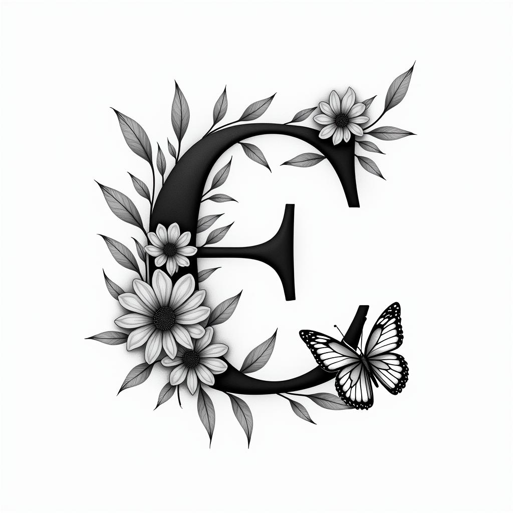 Cursive E, flowers and butterfliesminimalist text-based tattoo, Monospace font ultra-realistic, perfectly placed, high-quality font design, photo-realistic shading, 8k, high quality, finely detailed typograph - Variation 5