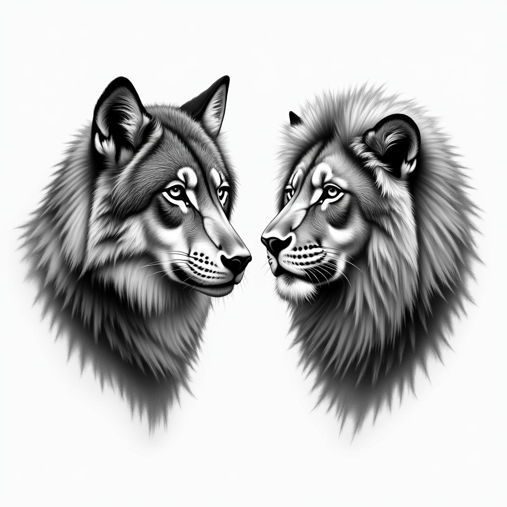 Wolf and a lion on opposite sidesin portrait tattoo style, featuring a highly realistic and detailed depiction