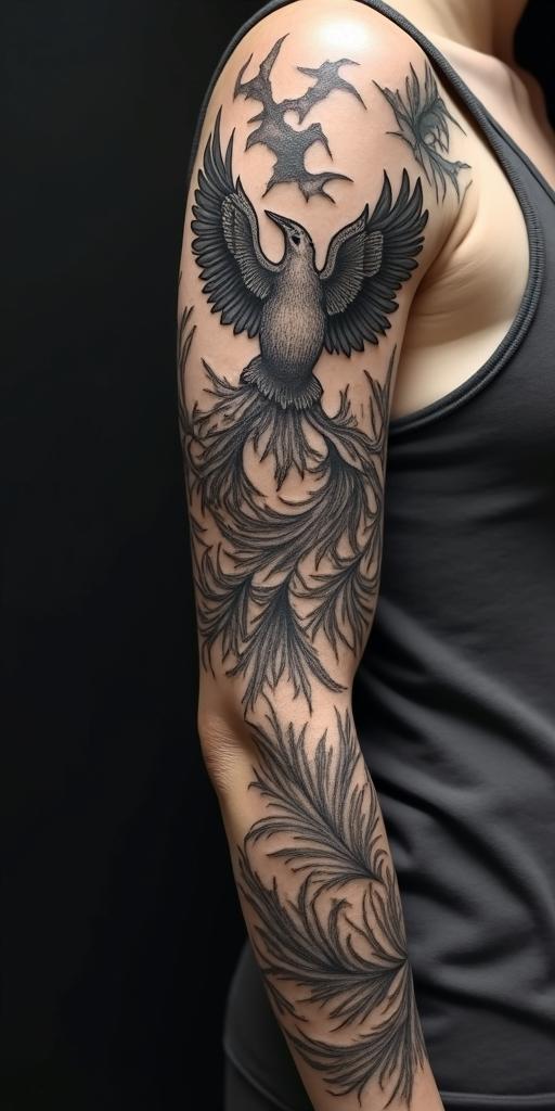 arm cover up, mix of wolf and phoenixin realism tattoo style, featuring a highly detailed, lifelike, capturing every detail, photorealistic, ultra realistic, intricate shading, smooth and sharp, - Variation 3