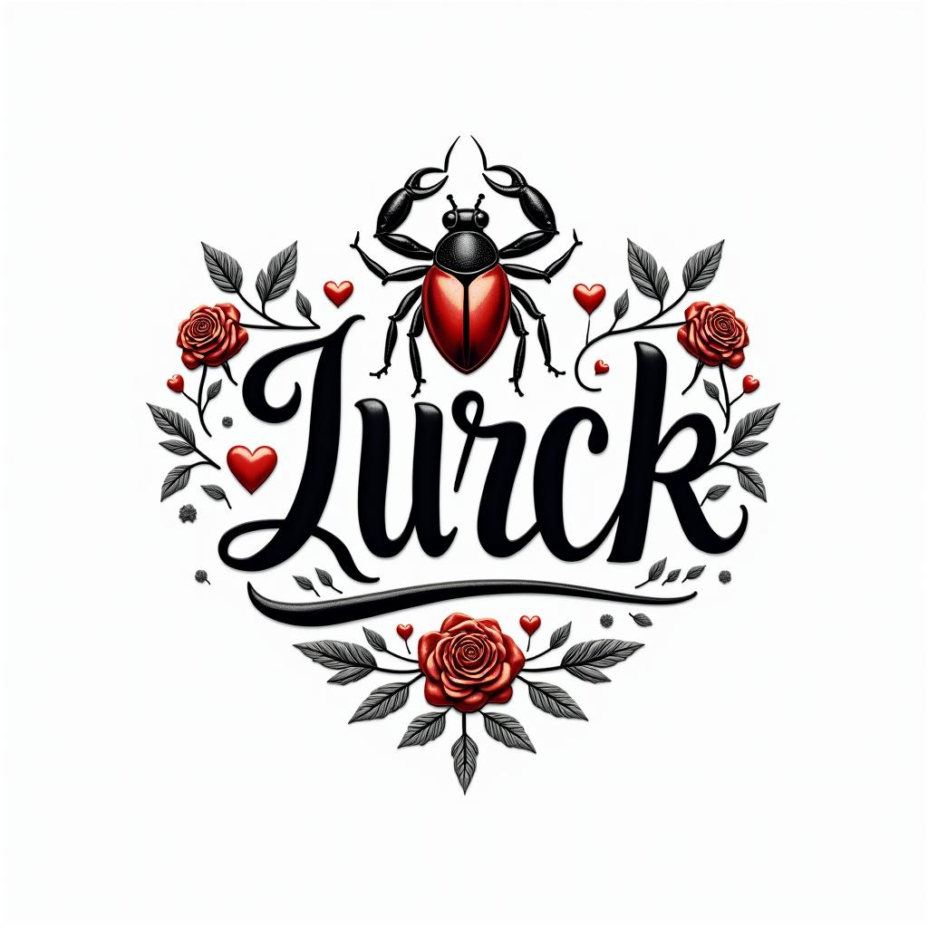 Bruna scorpion luck ladybugin elegant cursive calligraphy style 2d tattoo, decorate with roses, featuring a smooth and flowing handwritten script with slightly thickened strokes for a luxurious and bold appearance,  heart symbol between names,  sleek and glossy black text with shadowing, minimalist matte white background, clean and sharp edges, illuminated with soft lighting, romantic, 8k, high-quality textures with refined typography
