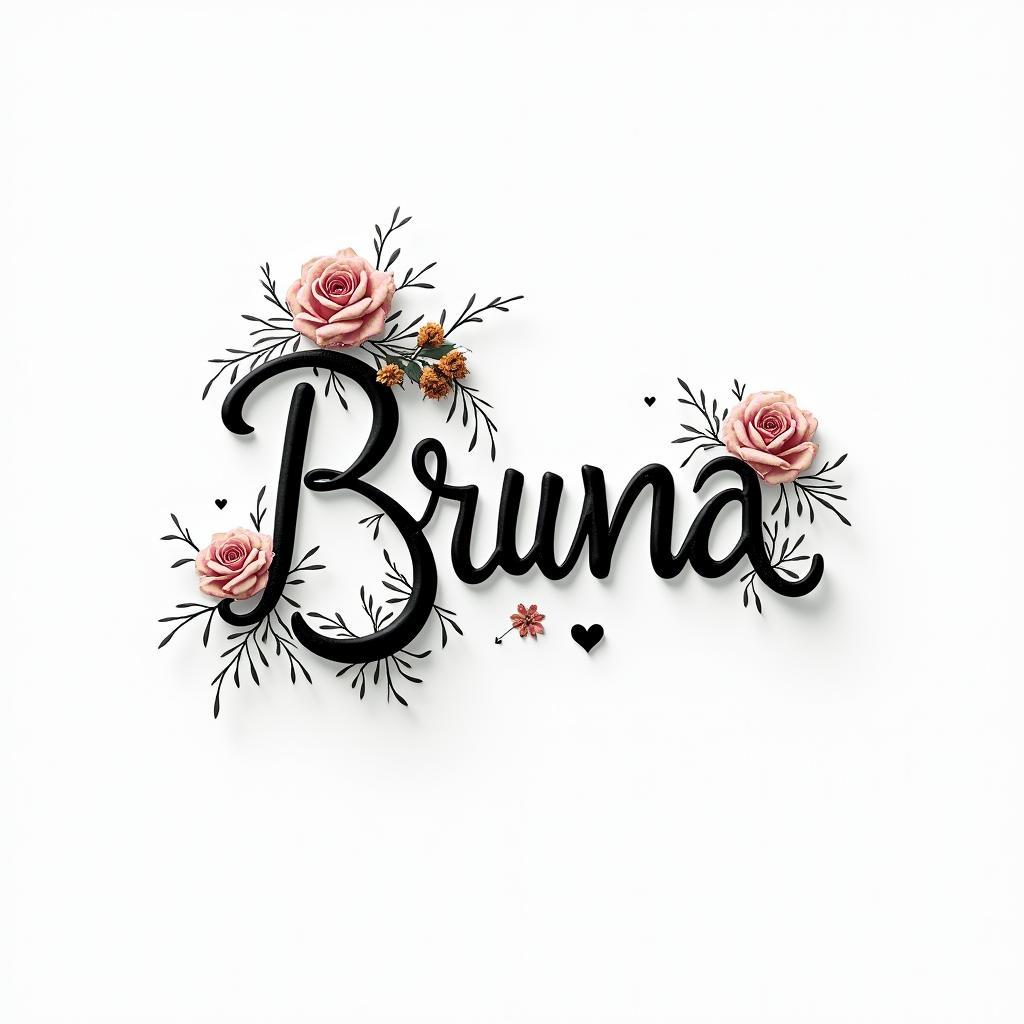 Bruna scorpion luck ladybugin elegant cursive calligraphy style 2d tattoo, decorate with roses, featuring a smooth and flowing handwritten script with slightly thickened strokes for a luxurious and bold appearance,  heart symbol between names,  sleek and glossy black text with shadowing, minimalist matte white background, clean and sharp edges, illuminated with soft lighting, romantic, 8k, high-quality textures with refined typography - Variation 2