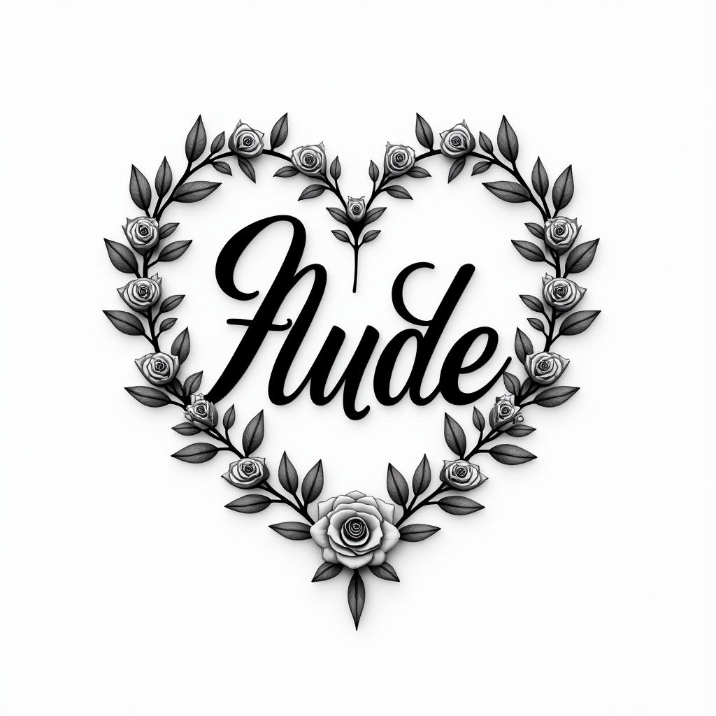 Bruna scorpion luck ladybugin elegant cursive calligraphy style 2d tattoo, decorate with roses, featuring a smooth and flowing handwritten script with slightly thickened strokes for a luxurious and bold appearance,  heart symbol between names,  sleek and glossy black text with shadowing, minimalist matte white background, clean and sharp edges, illuminated with soft lighting, romantic, 8k, high-quality textures with refined typography - Variation 4