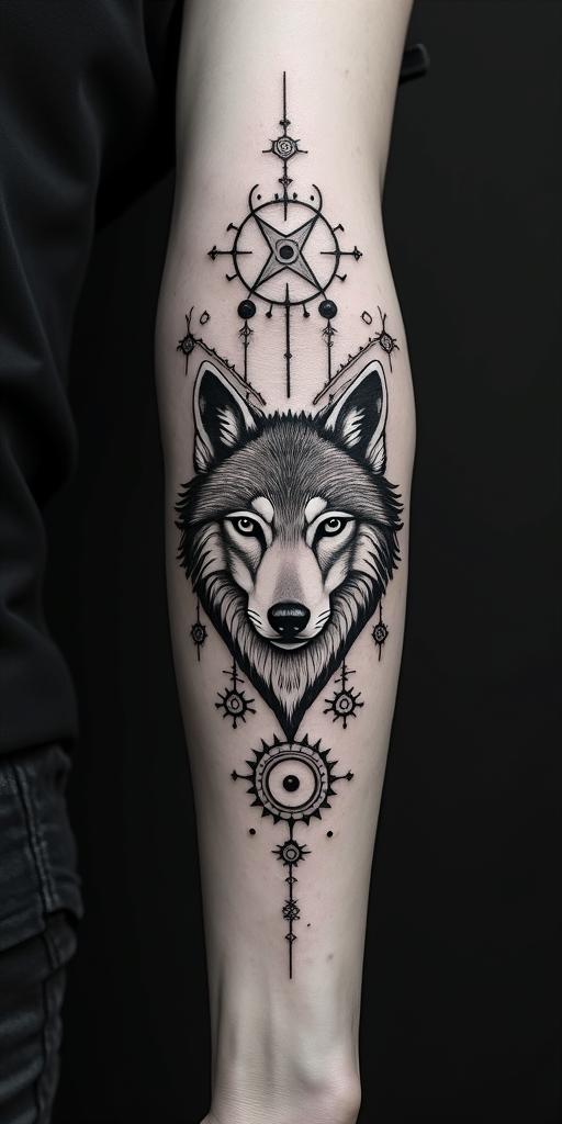 arm cover up, mix of wolf and phoenixin prophecy tattoo style, featuring mystical symbols, celestial imagery like stars, moons, suns, geometric patterns, foretelling elements, an eye of wisdom - Variation 5