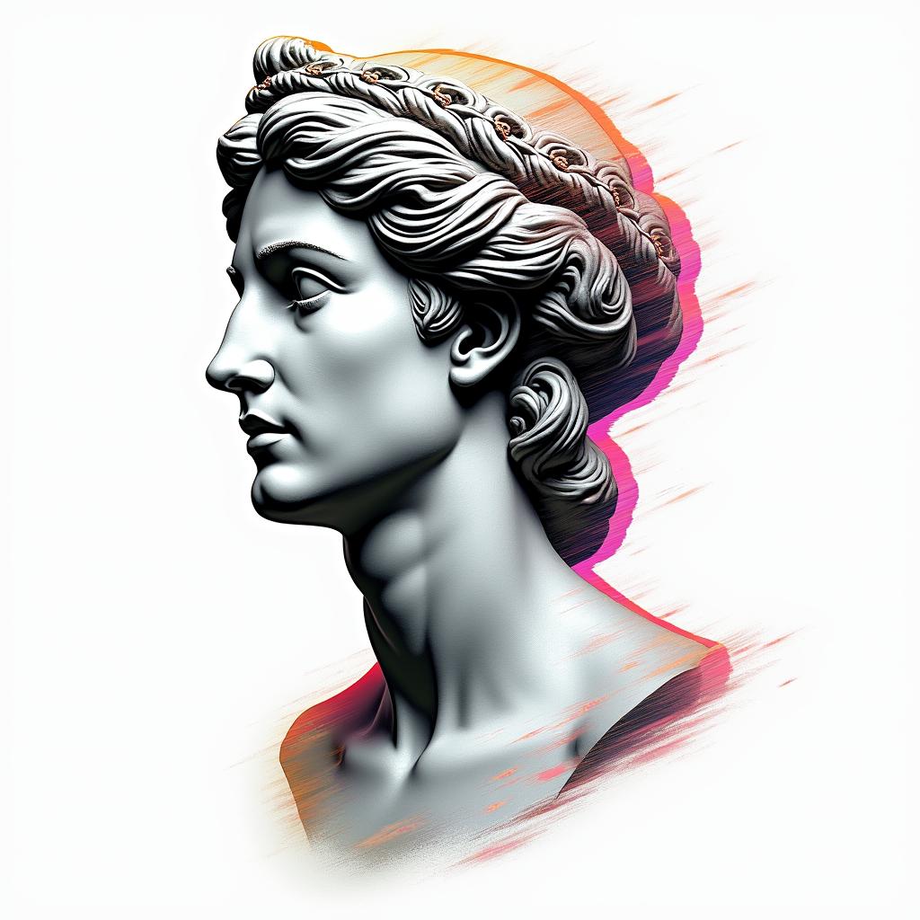 Cartoonin distorted and fragmented tattoo design, featuring a classical statue bust, in a glitch art style with vibrant, overlapping colors of cyan, magenta, and yellow, creating a digital distortion effect - Variation 2