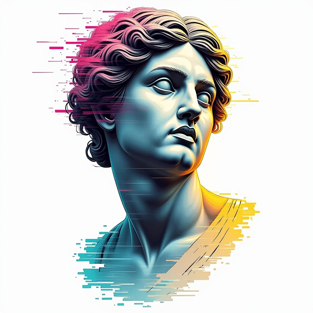 Cartoonin distorted and fragmented tattoo design, featuring a classical statue bust, in a glitch art style with vibrant, overlapping colors of cyan, magenta, and yellow, creating a digital distortion effect - Variation 4